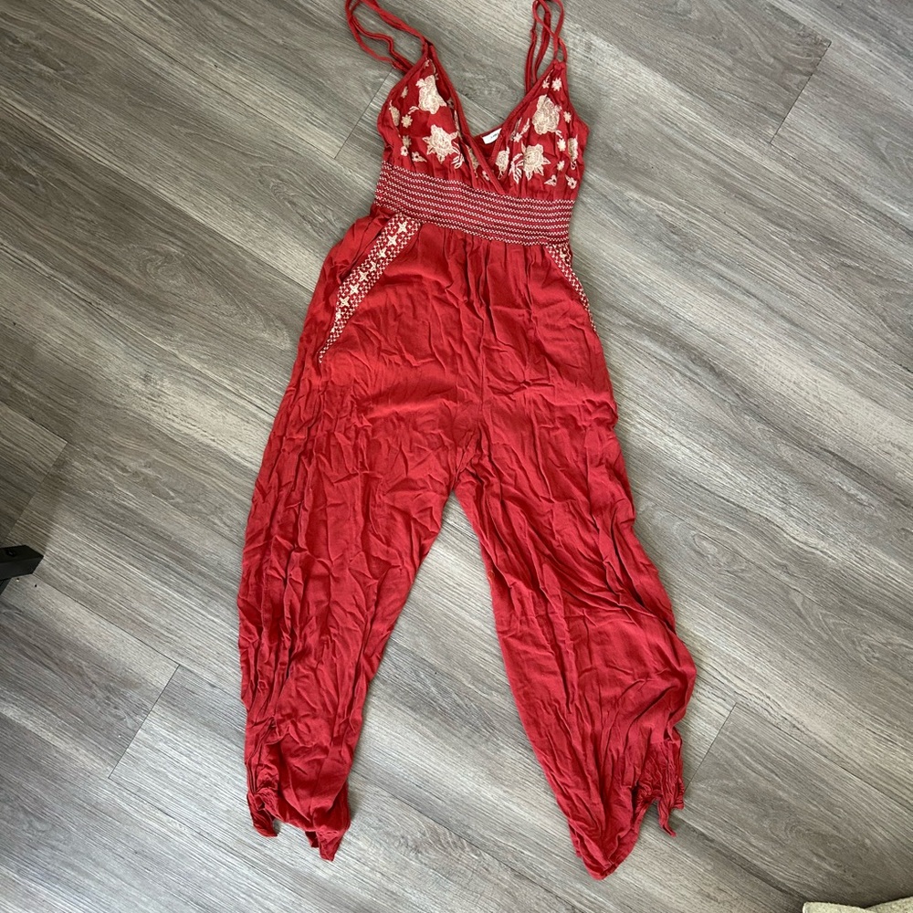 Red Floral Embroidered Jumpsuit